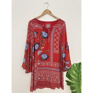 Anthropologie Vanessa Virginia Red Blue Floral Silk Bell Sleeve Peasant Dress 0